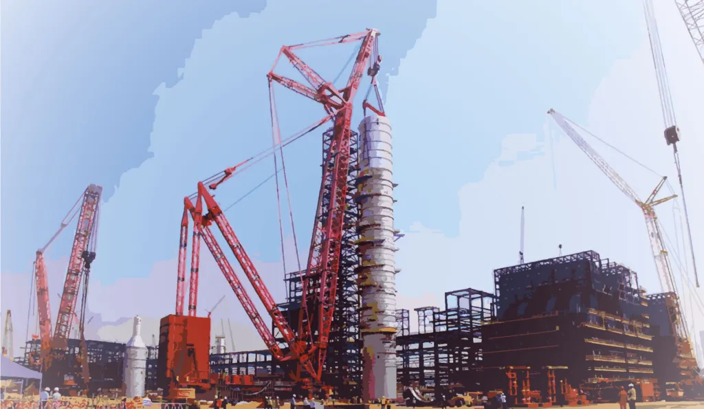Cranes lifting a refinery column at the Dangote refinery site