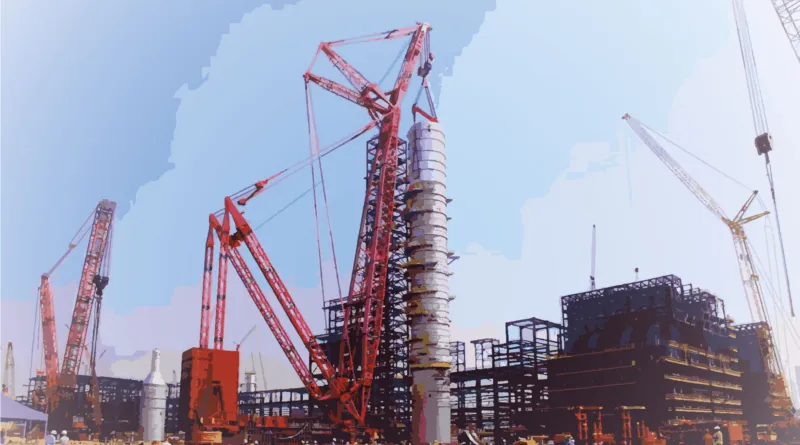 Cranes lifting a refinery column at the Dangote refinery site